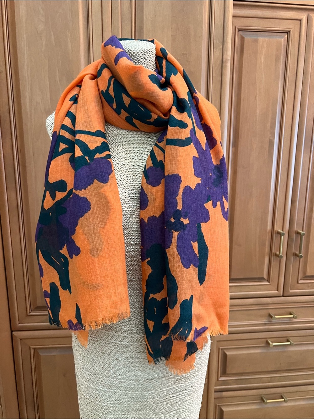 Marimekko Orange Floral Scarf with Purple & Dark Green Prints